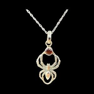 Garnet Spider Pendant Necklace Solid 925 Sterling Silver 18 inch Chain Handmade